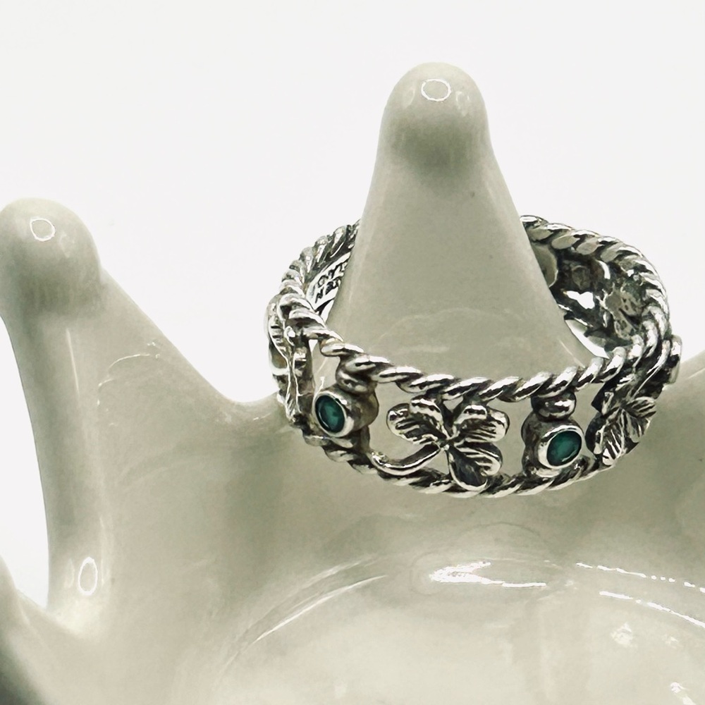 Vintage Green Agate Lucky Irish Shamrock 925 Sterling Silver Ring size 8.5 - Picture 9 of 12